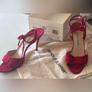 Red Manolo Blahnik lace up tie at ankle sandal heels